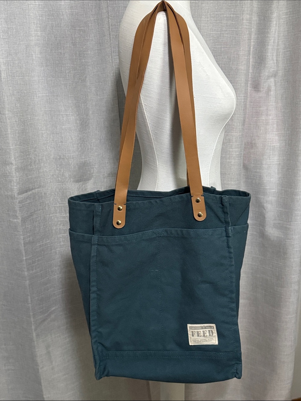 100% Cotton FEED Project Tote-Teal-Faux Leather Straps-Open Top-Tons of Pockets